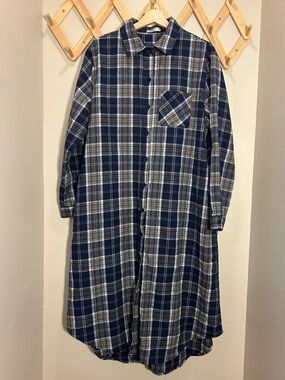 100% Cotton Plaid Long Button-Front Nightgown - Navy & Gray